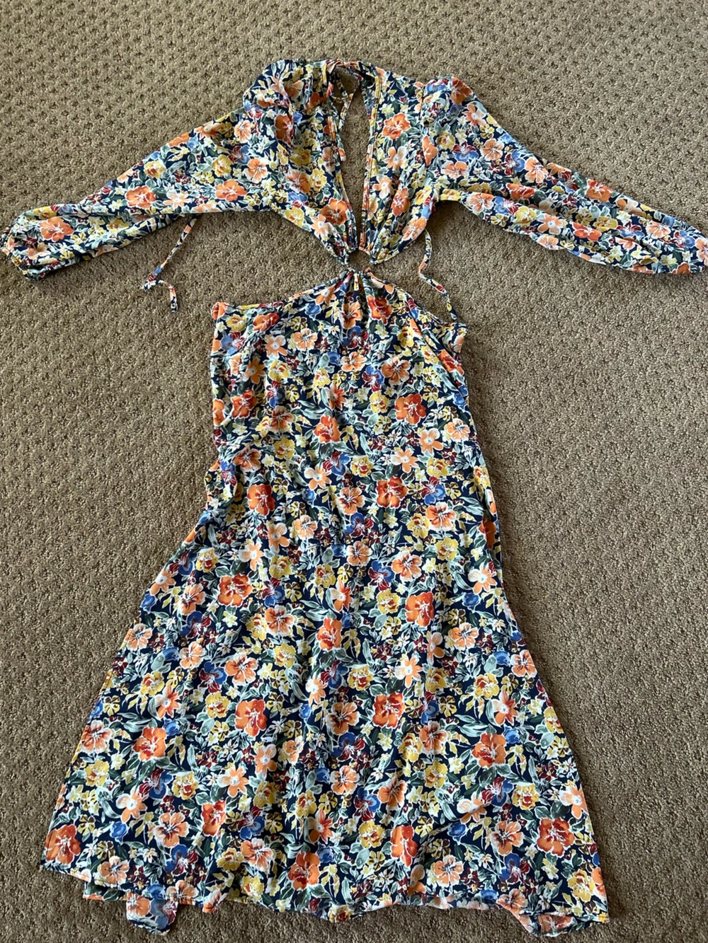 Floral Tie-Front Midi Dress in Navy with Orange & Yellow Blooms
